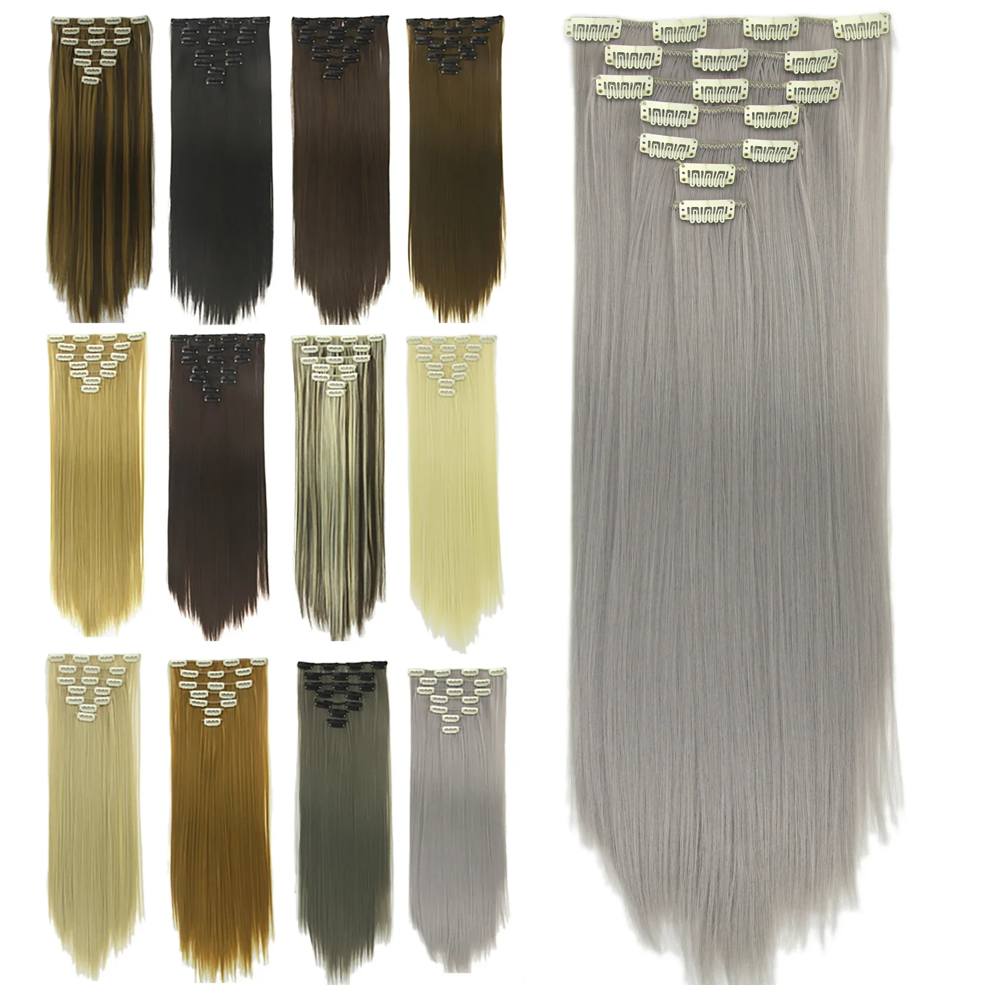 

Long Straight Gray Synthetic Hair Clip in Hair Extensions Full Head Hair Pieces for Women Extension Cheveux Clip Naturel