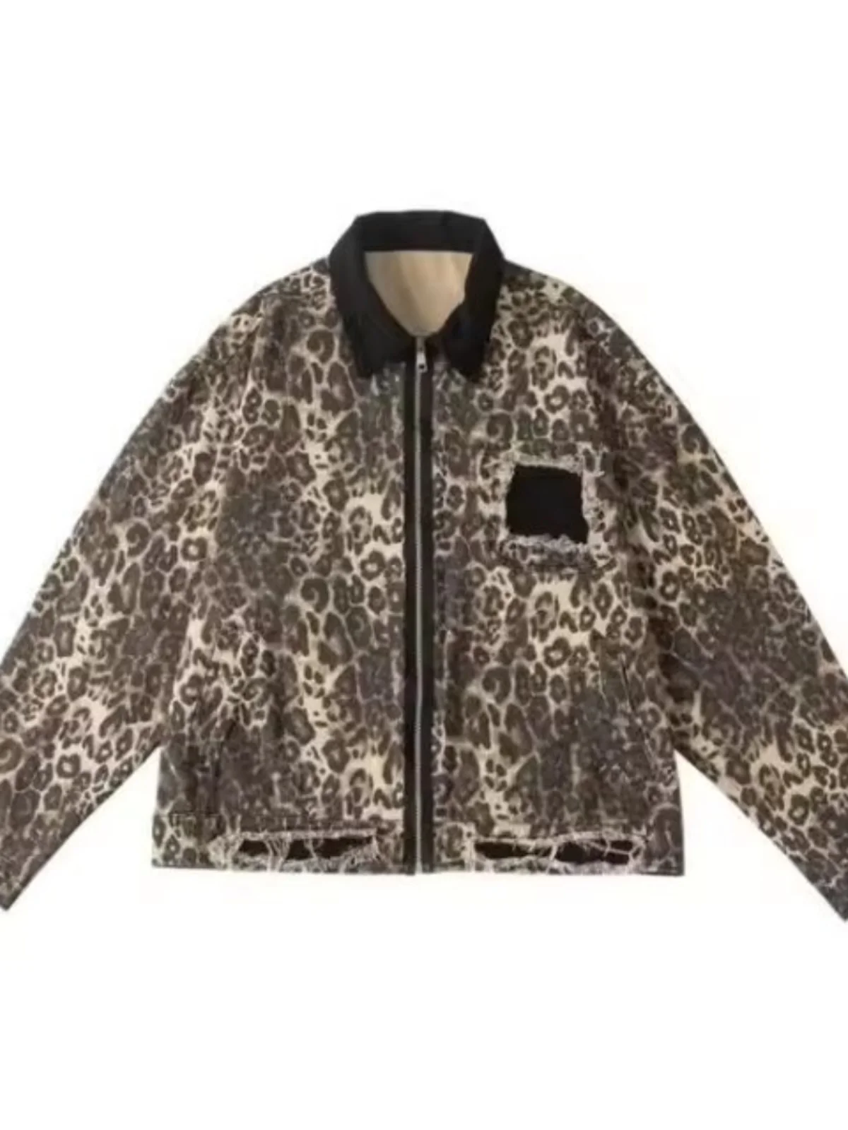 

ex Leopard Print Zipper Denim Jaet Loose Fit Long Sve Youth Faion Outerwear Casual Spring Autumn Winter Jaet