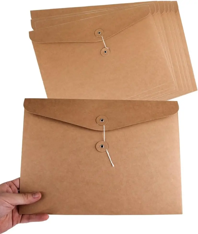 

10pcs A4 Kraft Paper Envelopes Portfolio Foolscap File Folders Document Folder with String Fastener Closure Wallet Pockets