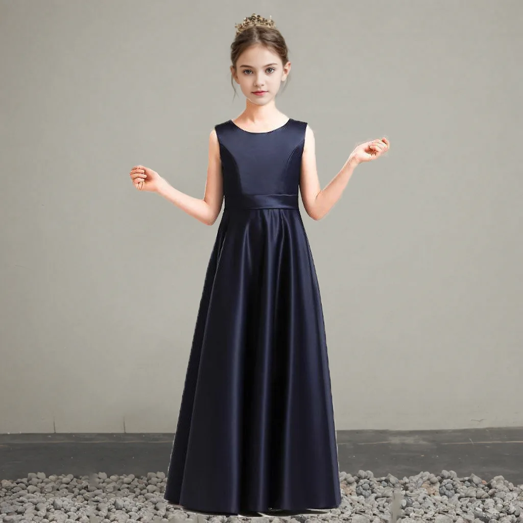 

O Neck Sleeveless Satin Elegant Flower Girl Dresses For Wedding Junior Girls Bridesmaid Gown Teen Summer Party Gown Red Green