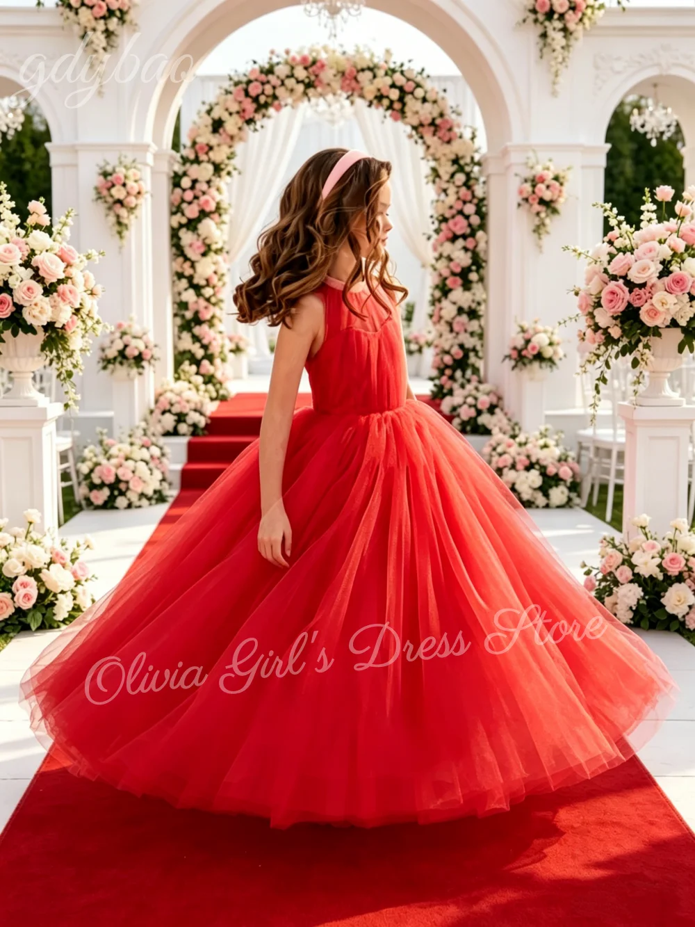 

Customized Flower Girl Dresses for Wedding Tulle Long Length Girl Birthday Dresses with Bow First Communion Gowns