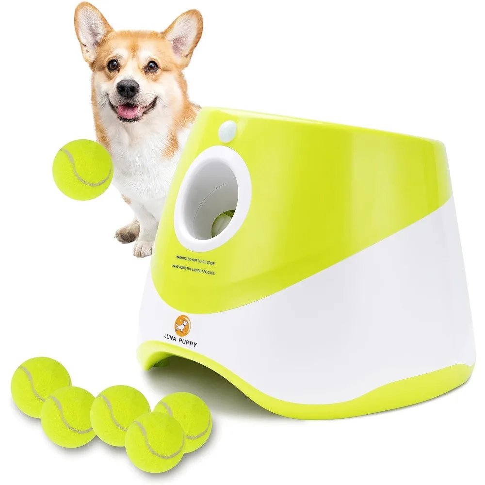 

Automatic Dog Ball Launcher, Indoor/Outdoor Interactive Dog Toy with Three Ranges, Includes 6 Mini Tennis Balls and a Data Line