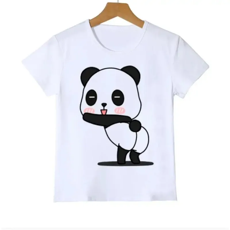 T-shirt panda bonito e engraçado para crianças, coleção animal, padrão dos desenhos animados, camisa de verão para meninos e meninas, tops brancos de manga curta, melhor