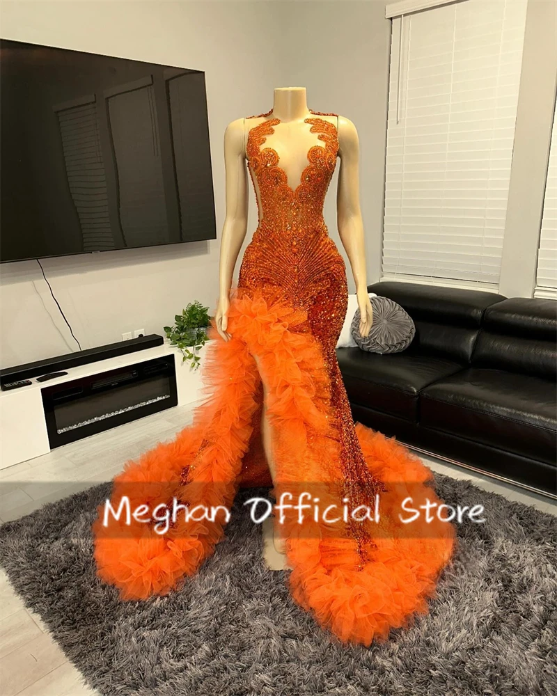

Orange O N Sequin Long Prom Dresses Black Girl Bead Crystal 2025 Birthday Luxury Dress Ruffles Party Gown With Split Customized
