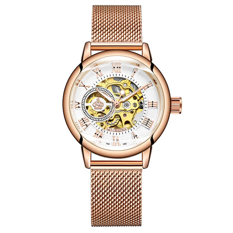 2024 Fashion Forsining Top Brand Ladies Watches For Women Skeleton Mechanical Watch Mesh Mesh Strainless Steel Female Gift Clock