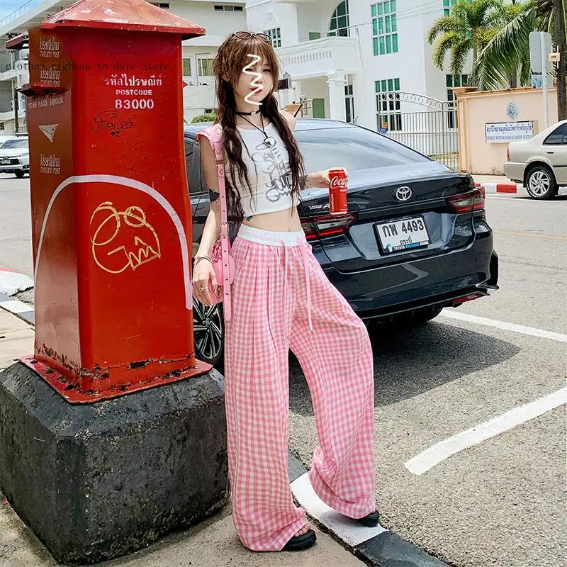 Checkered Wide Leg Pants for Women In Spring and Summer Thin Cut High Waisted Casual and Wide Matsuyama Pants