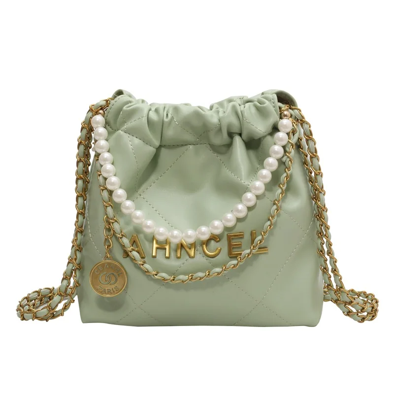 2024 New Spring and Summer Small Fragrance Style Popular Versatile Diamond Chain Bag Messenger Bag Pearl Popular Bucket Bag