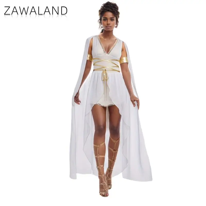 

Zawaland Medieval Greek Goddess Costume Halloween Cleopatra Athena Cosplay Dress White Irregular Hem Dress Set Carnival Outfit