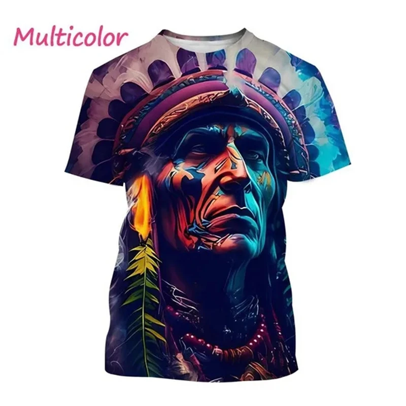 

New 3D Indian Tribal Chief Print Men's T Shirt Summer Fashion Women Sketch Tops Vintage Streetwear Hip-Hop O Neck Sports T-shirt