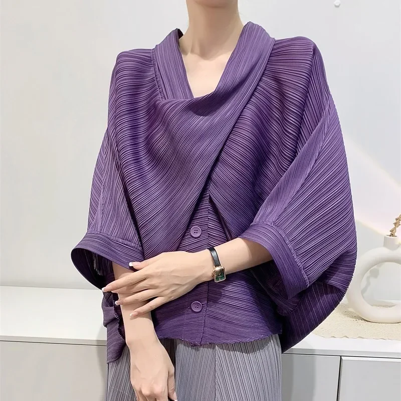 Miyake Pleated Irregular Lantern Sleeve Shirt 2023 Autumn Women Designer Korean Fashion Loose Scarf Collar Pullover T-shirt Tops