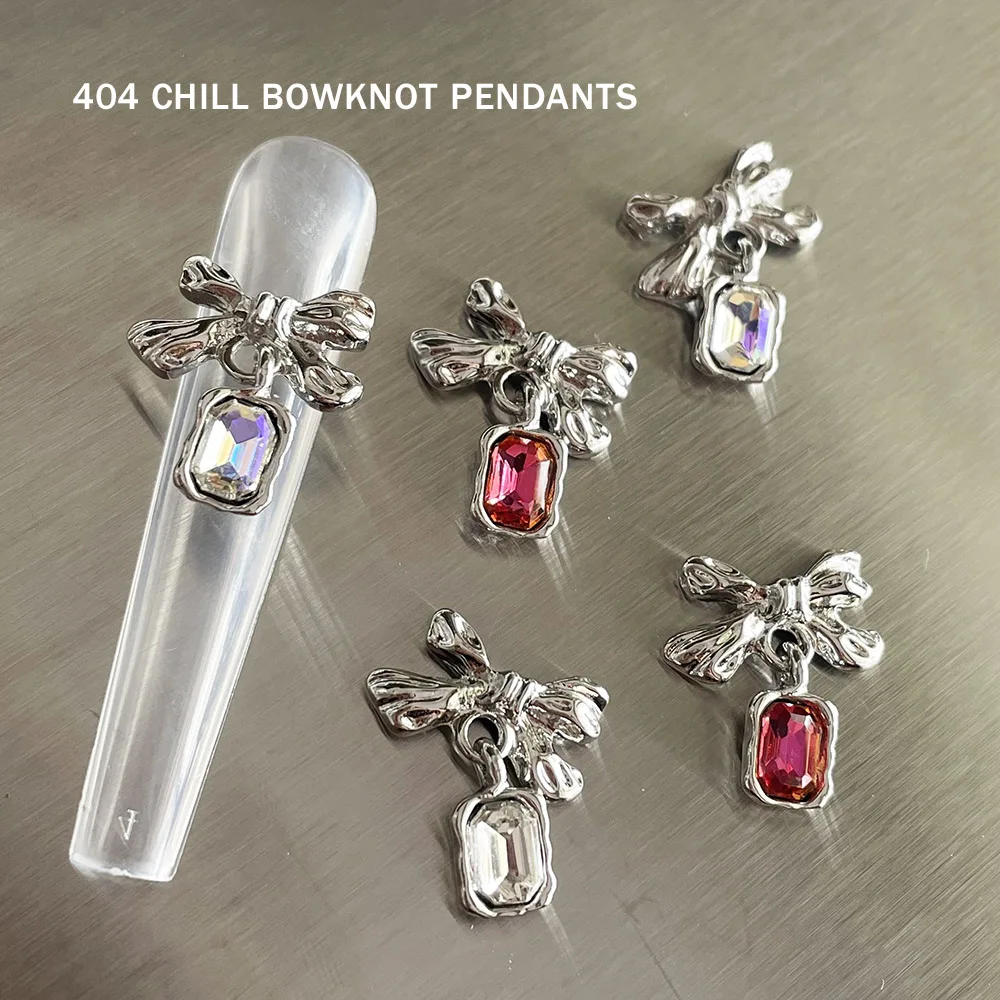 -Chill Sweety Bow- Chrome Silver Large Bowtie Pendants Punk Dangle Rounded Rectangle Diamonds Hottie Metal Bowknots Alloy 404art