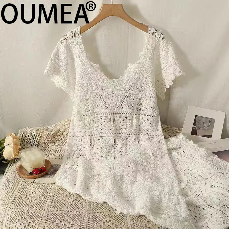 OUMEA Women Crochet Dress Short Sleeve V Neck Beach Crochet Long Dress Vintage Embroidered Knitting Dress