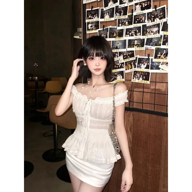 Korean Hot Girl Elegant Women Off Shoulder Hollow Lace Tie Front Slim Peplum Top + Satin Mini Skirt 2 Pieces Set Summer Outfit view 5