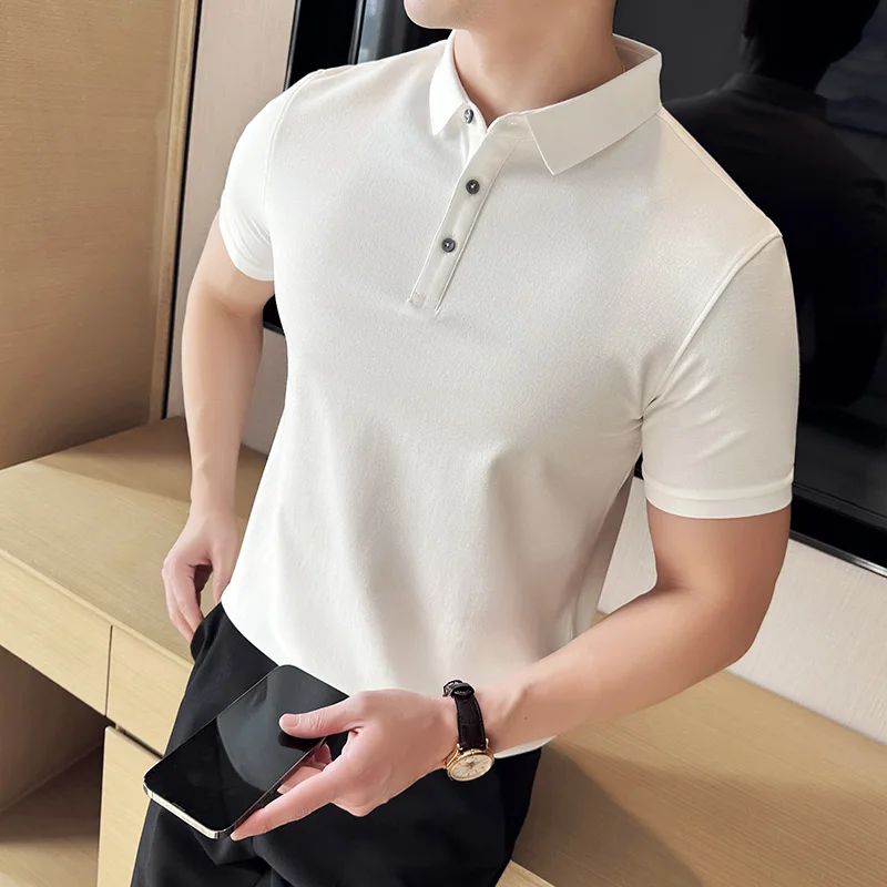 2024 Summer New Solid Color Polo Shirt Men Cotton Simple Short Sleeve Stretch T-shirt Formal Business Casual Lapel Polos Homme