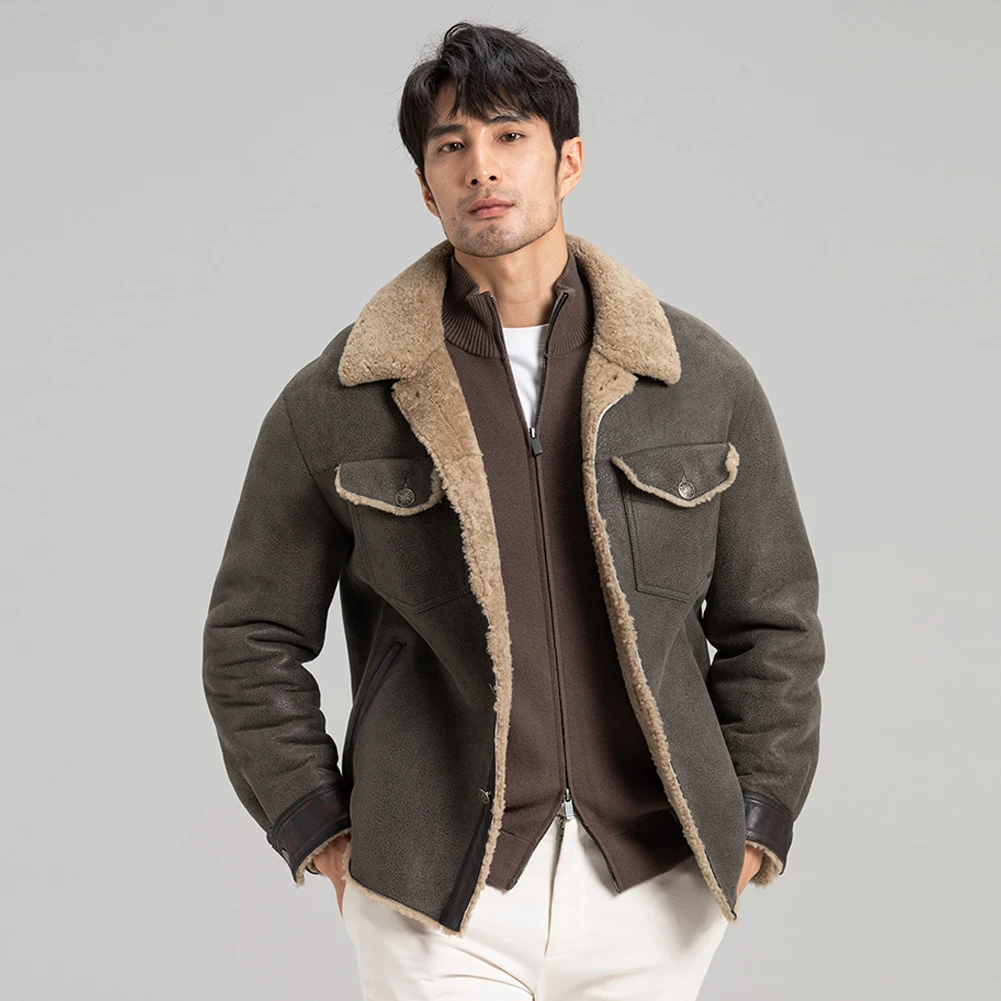 

Denny&Dora Men's Shearling Jacket Natural Shearling Leather Coat Grey Real Fur Mens Coats