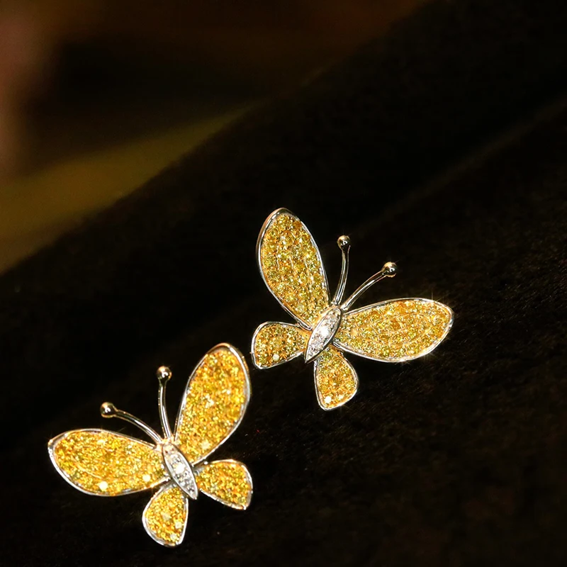 LUOWEND 18K White Gold Earrings Real Natural Yellow Diamond Fine Beautiful Butterfly Shape Stud Earrings Engagement for Women