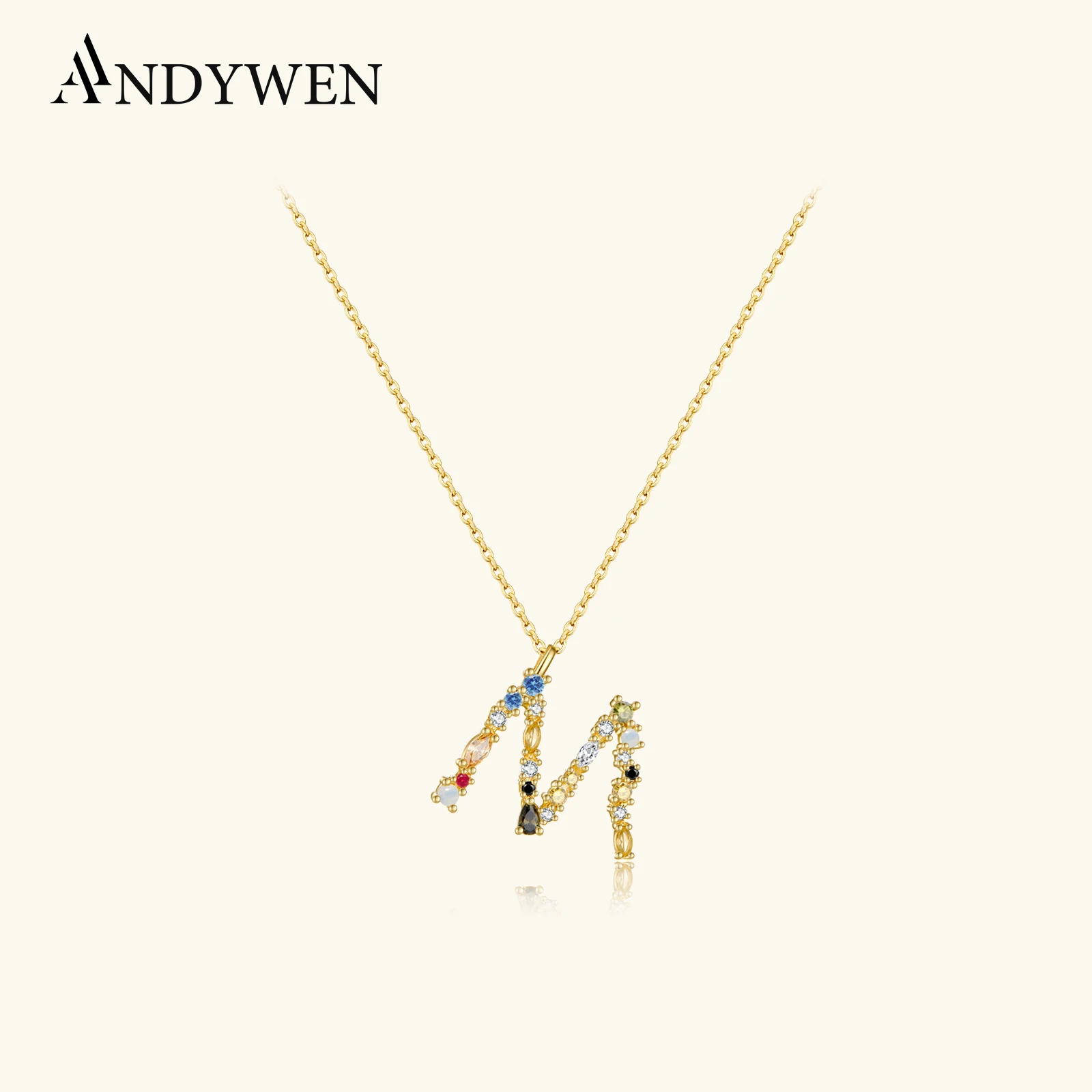 ANDYWEN 925 Sterling Silver Gold Letter M Pendant Initial F Alphabet Necklace Monogram Opals 2020 Women Accessories Jewelry