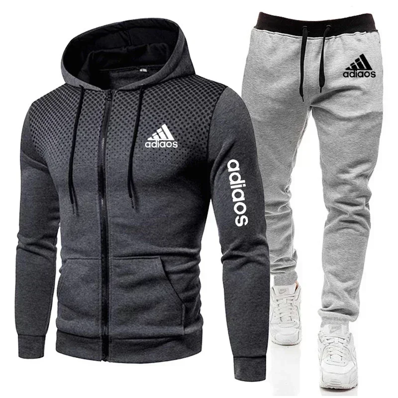 New High quality autumn and winter fleece warm men\'s sportswear hoodie sweatpants two-piece suit fashion trendy print sportswear