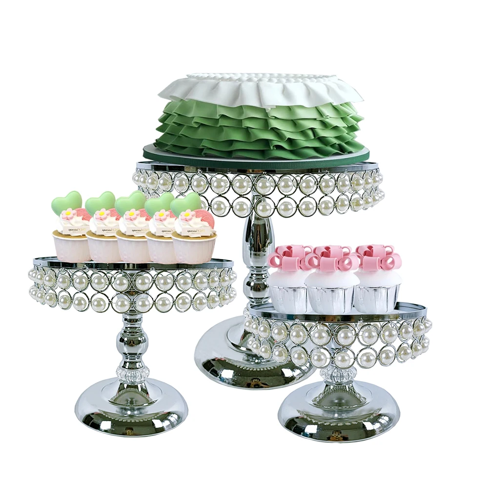 1-3pcs Pearl Dessert Table Display Set Round Gold Silver Cake Holder Tiered Serving Tray for Cup Cakes Desserts Fruits Candy