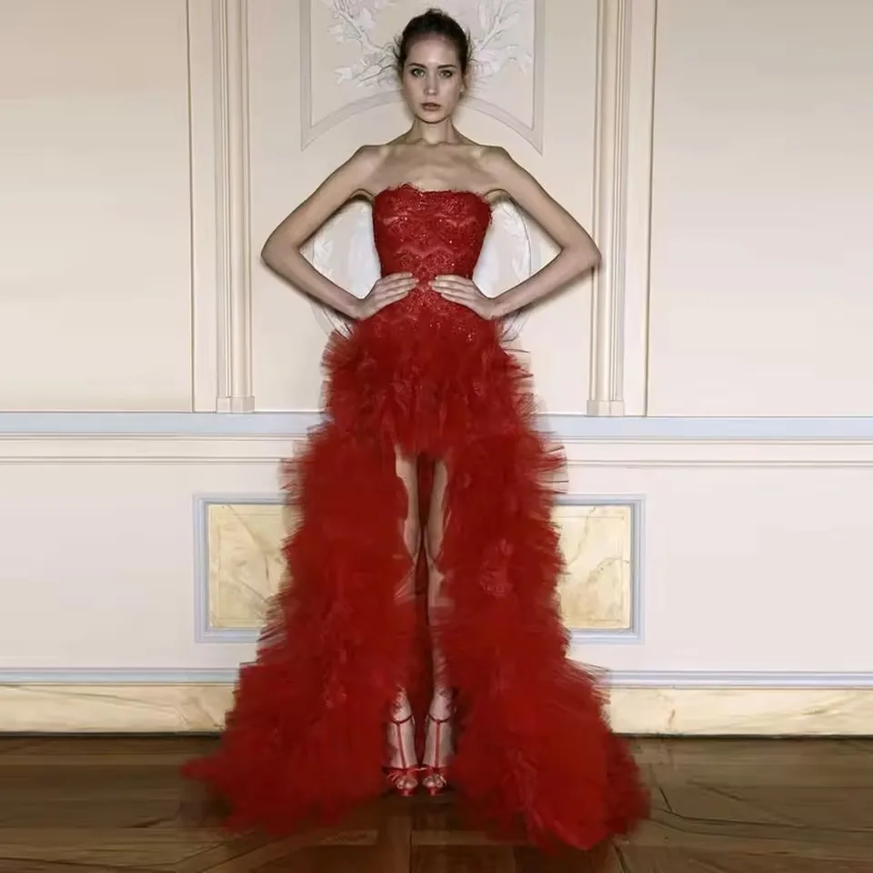 Couture Red LaceWith Ruffles Trimmed Details Strapless Long Women Maxi Gowns High Low Formal Party Dresses