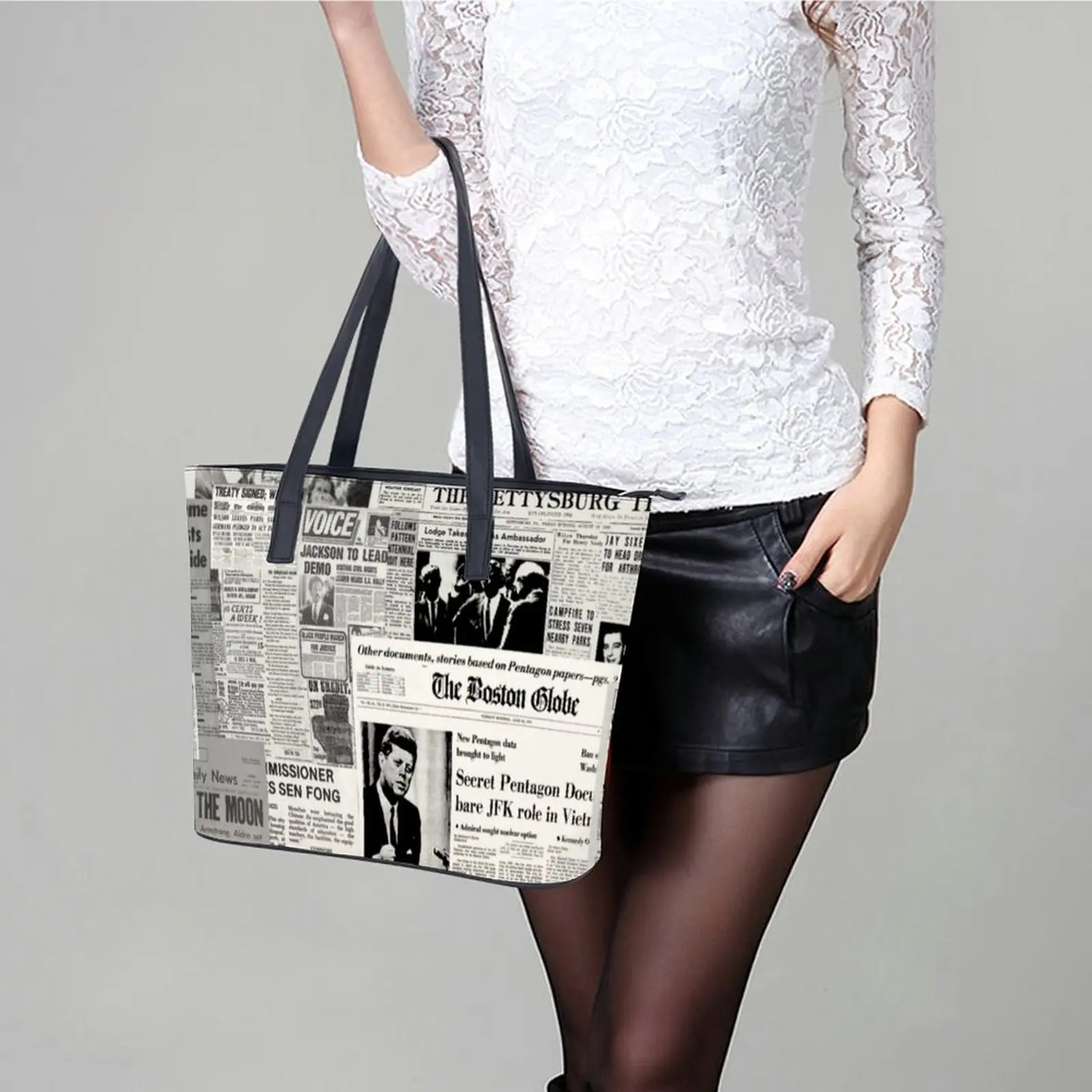 Newspaper Collage Handbags Old American Newspapers PU Leather Shoulder Bag Student Grocery Print Tote Bag Casual Shopper Bags