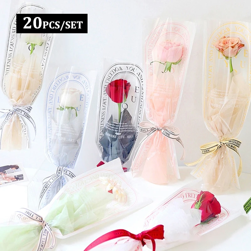 20Pcs/pack Single Flower Wrapping Paper Bouquet Packaging Bag Arrangement Flower Gift Bag Clear Cellophane Floral Wrappers