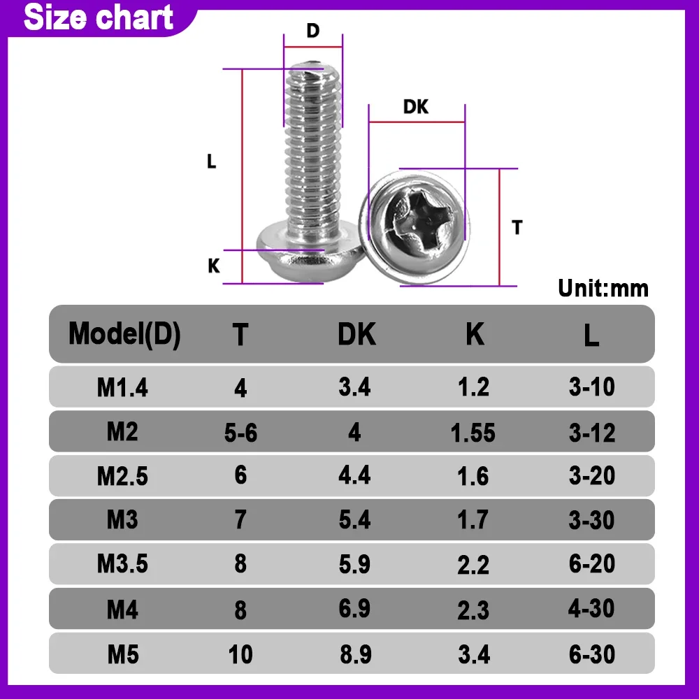 304 Stainless Steel DIN967 Cross Phillips Pan Round Head With Washer Padded Collar Screw Bolt Pan Padded Screws M2M2.5M3M3.5M4M5