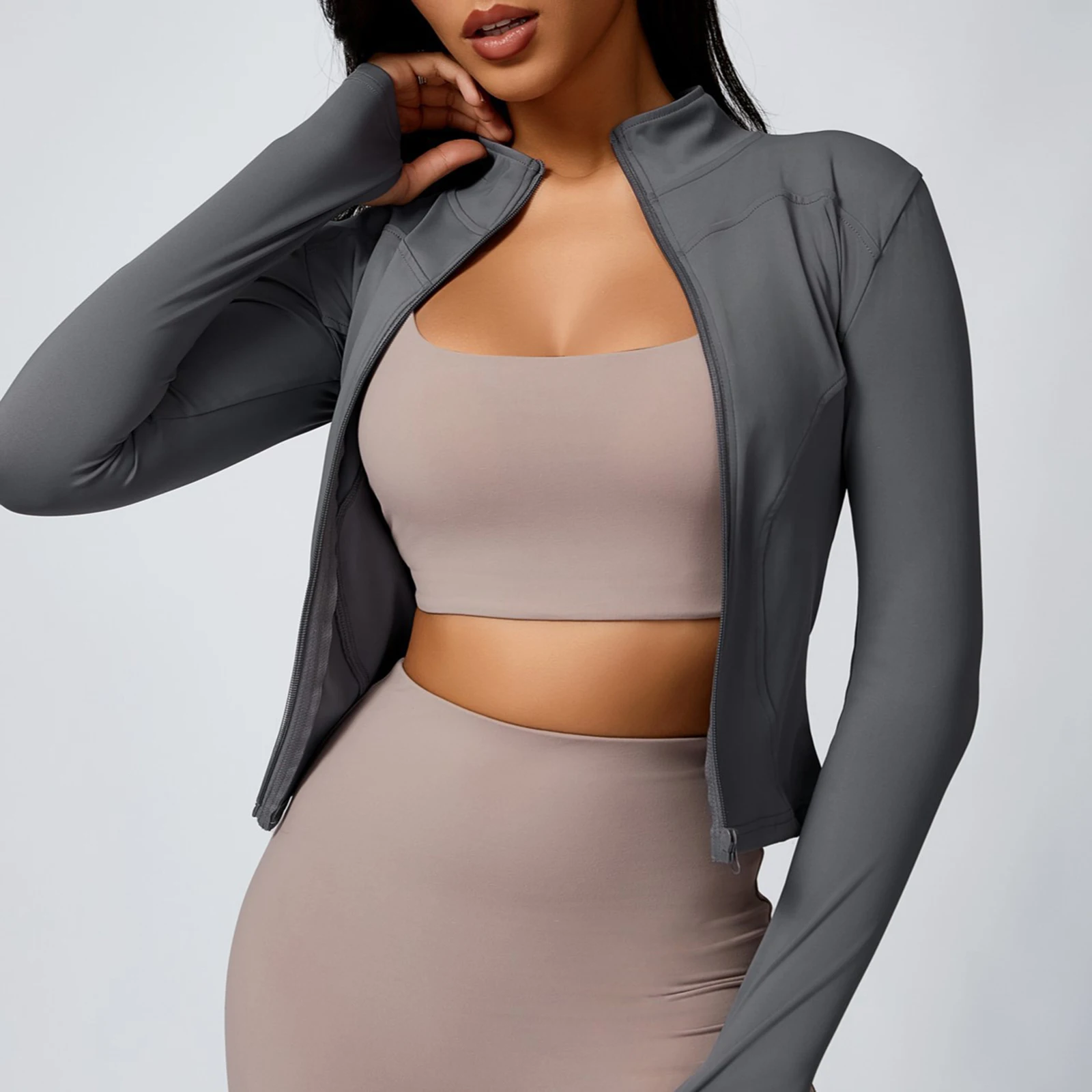 New Yoga Coat Women Short Sports Workout Jacket Solid Color Quick Dry Lightweight Zip Up Fitness Athletic Slim Fit Tops image 3