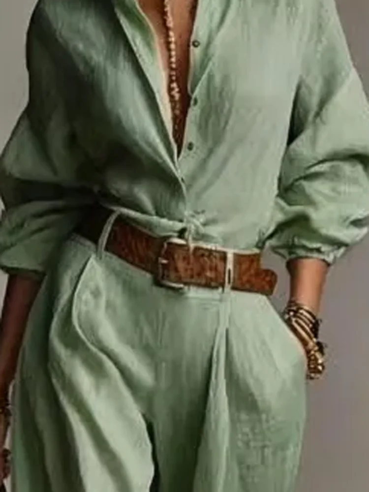 

Spring Summer Temperament Solid Color Cotton Linen Wide Leg Pants Set Elegant Button Shirt Top and Wide Leg Pants 2 Piece Suit