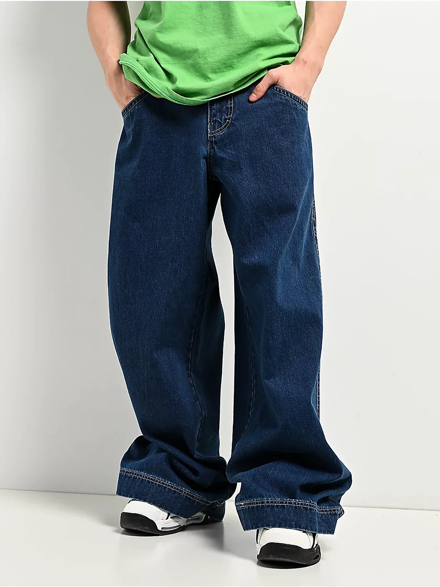Loose Wide Leg Blue Jeans High Waist Men's Dance Party Casual Style Comfortable Fit Deep Blue Color High Waist Jeans