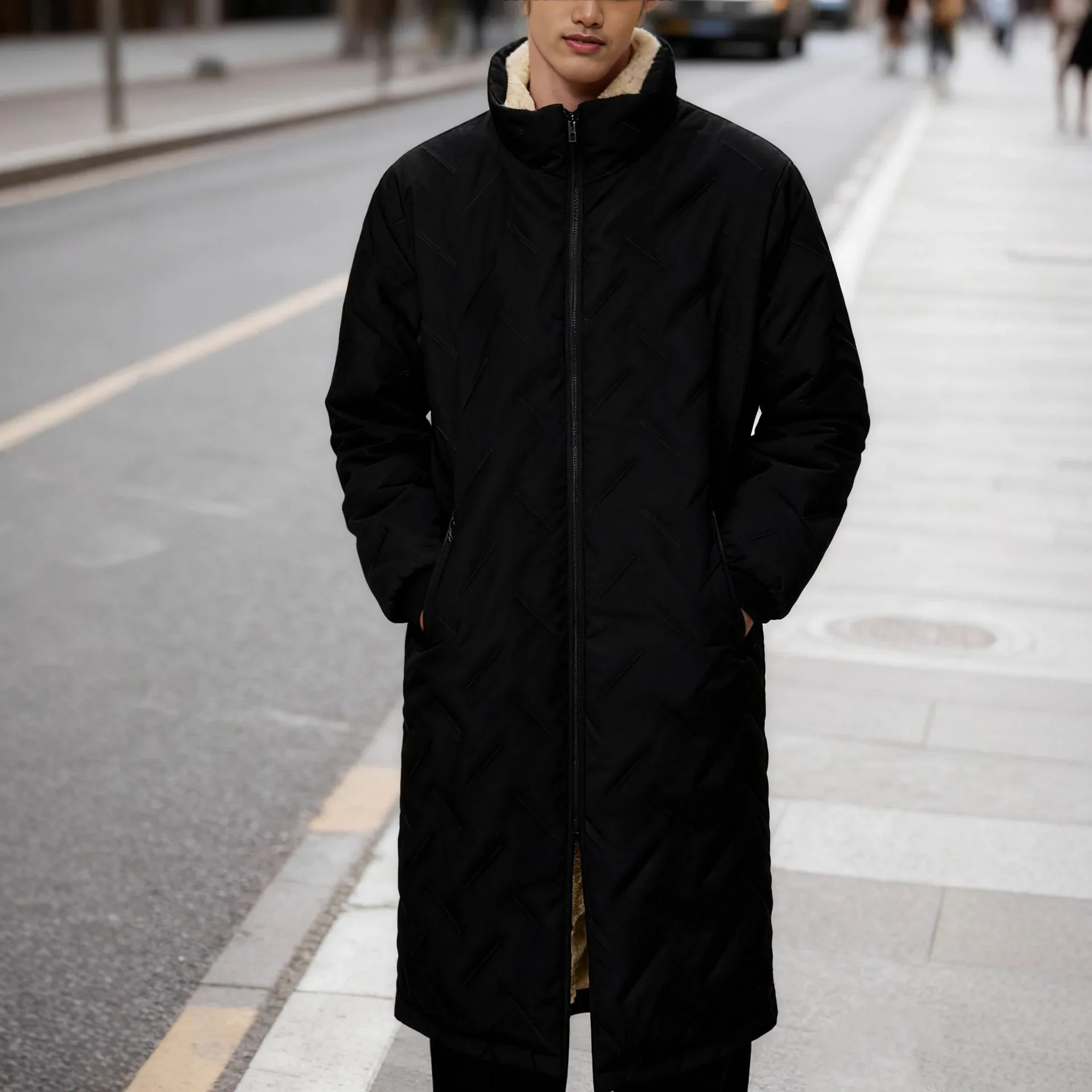 

Men Plush Jacket Winter Thicken Warn Mid Length Windproof Man Outerwear Stand Collar Long Sleeve Solid Versatile Male Coat