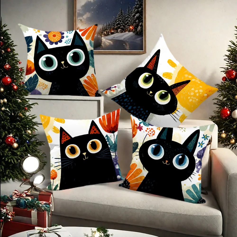 4 Stück Kissenbezüge mit digitalem Druck, schwarze Katze und Blumen, kurzer Plüsch, geeignet für Wohnzimmer, Schlafzimmer, Sofas, Dekokissenbezüge