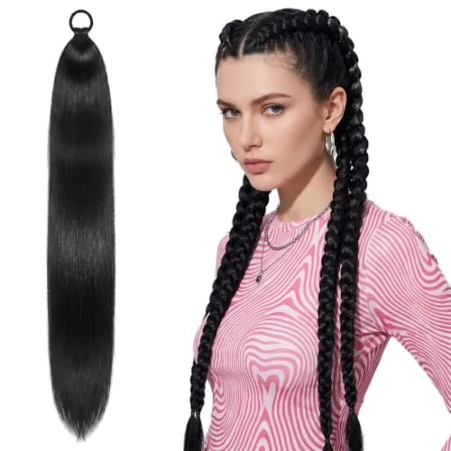 

Cheer and daily use, synthetic fiber, black, 26-inch sleek straight ponytail extension with elastic tie for wrap-around braidin