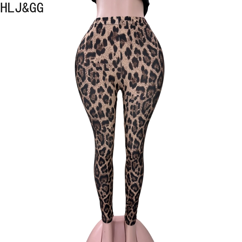 HLJ&GG Sexy Hollow Bandage Leopard Print Two Piece Sets Women Halter Lace Up Crop Top And Skinny Pants Outfit Fashion Streetwear — zdjęcie 7