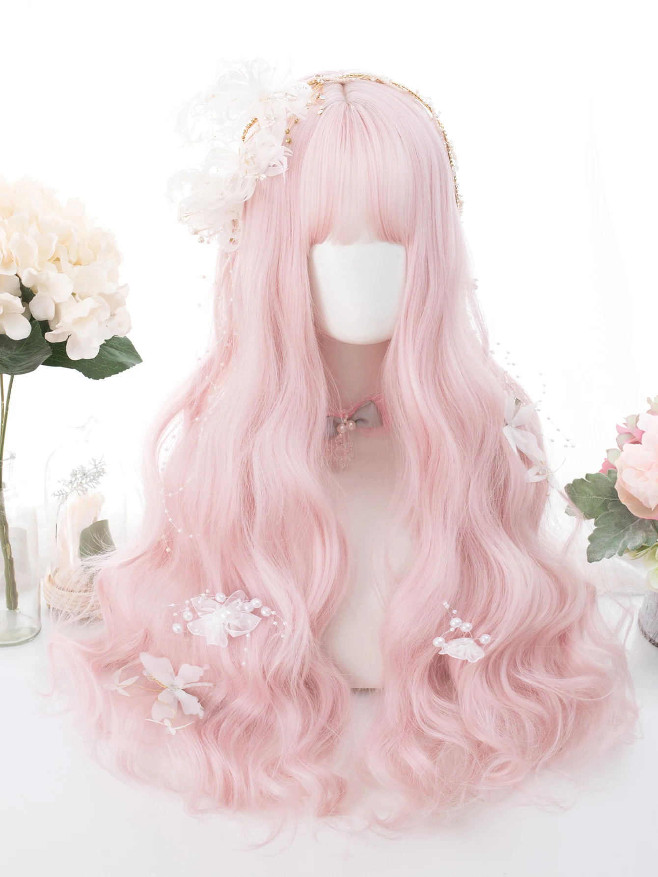 26Inch Peach Pink Color Synthetic Wigs With Bang Long Natural Wavy Hair Wig for Women Daily Use Cosplay Heat Resistant