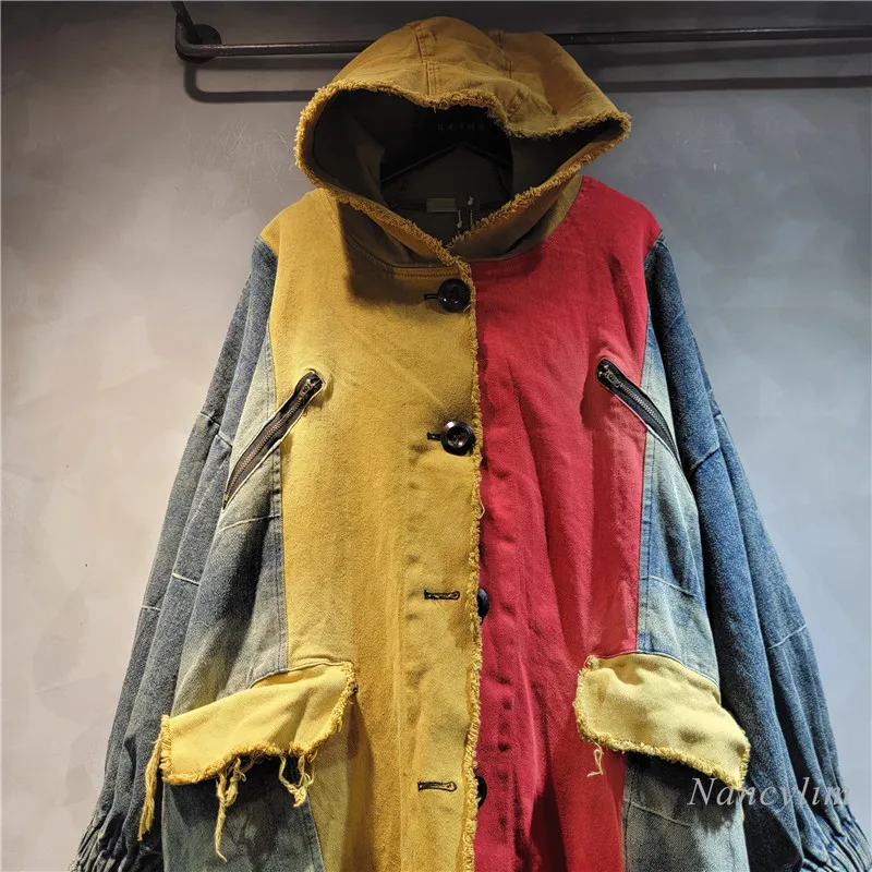 Personalized Fashion Irregular Stitching Contrast Color Denim Mid-Length Hooded Coat for Women 2024 Autumn Fashion Coats