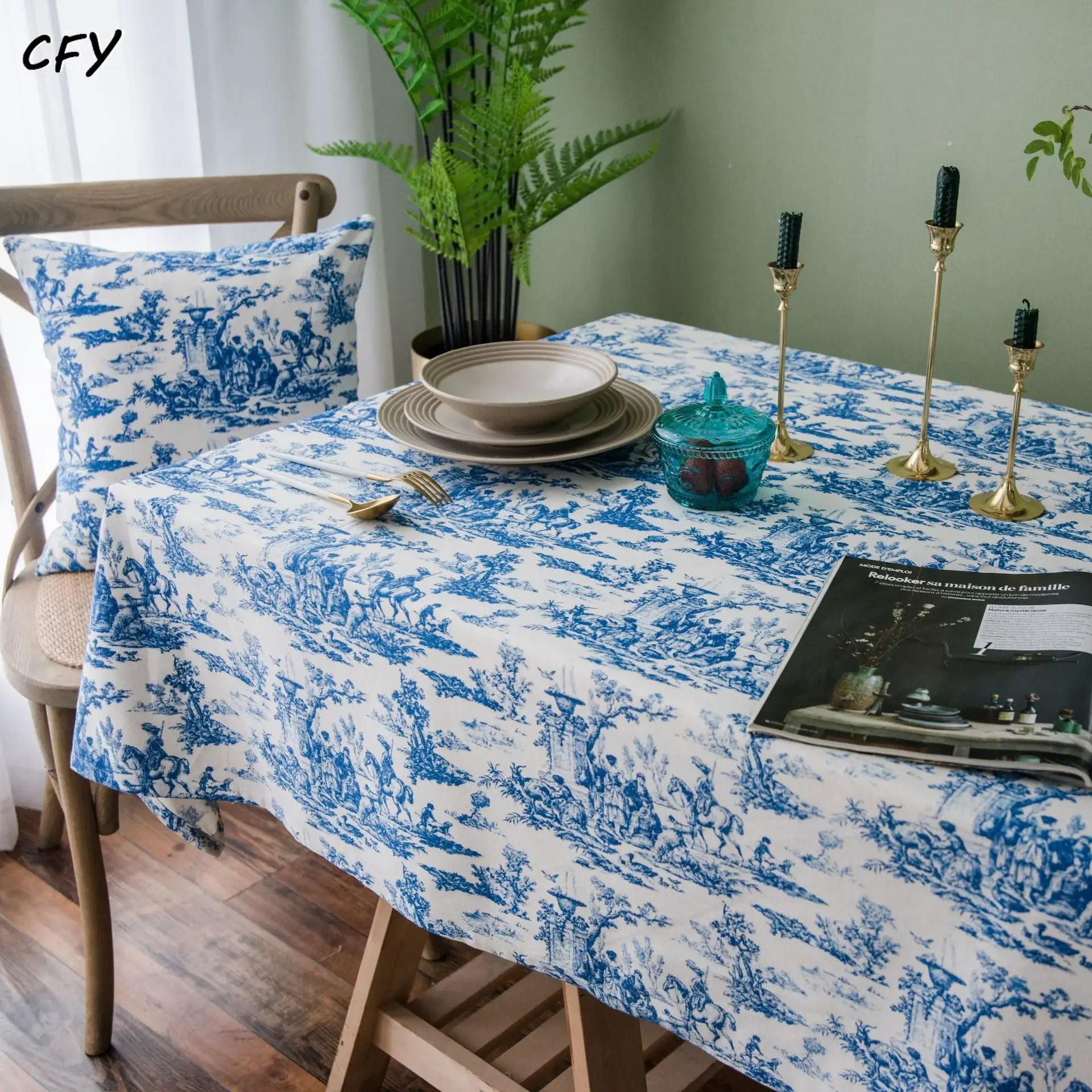 Cotton Linen Retro Blue Korean Print Ink Tablecloth Rectangular Table Cloth Kitchen Table Map Towel Tablecloth Room Decoration