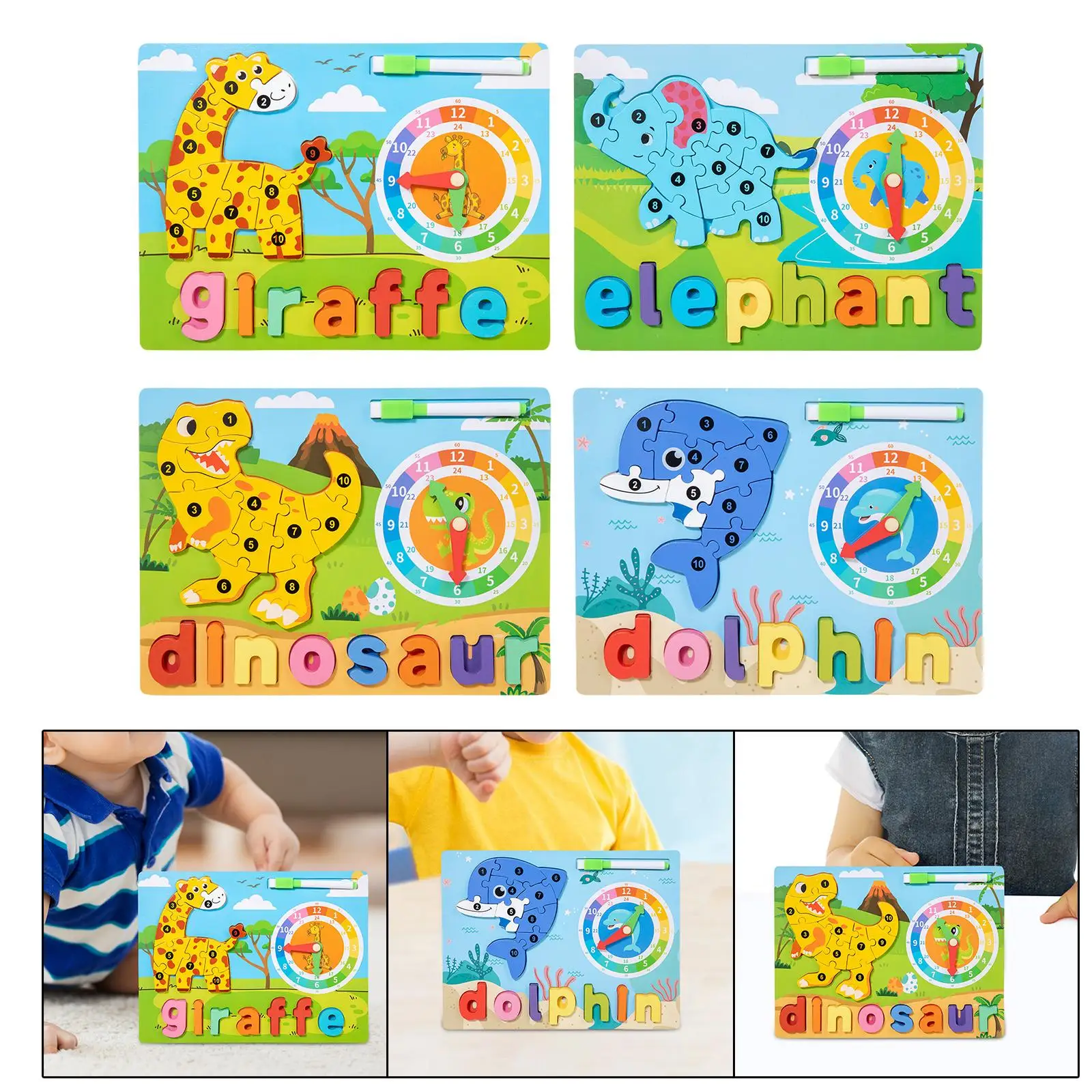 Puzzle animal en bois Montessori avec horloge pour enfants, jouet alphabet, garçons, filles, enfants