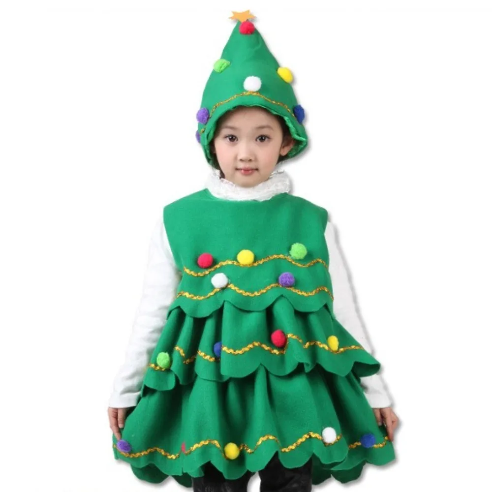with Hat Christmas Tree Costume Colorful Balls Sleeveless Green Xmas Clothes Props Supplies Cosplay Performance Clothes Party