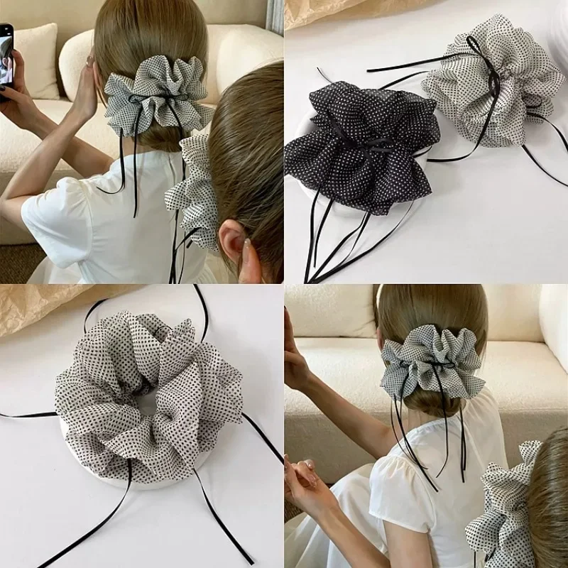 1PC Polka Dot Chiffon Scrunchies With Ribbon Bow, Elegant Bowknot Hair Ties, Retro Dot Print Elastic Hair Bands, Fashion Women