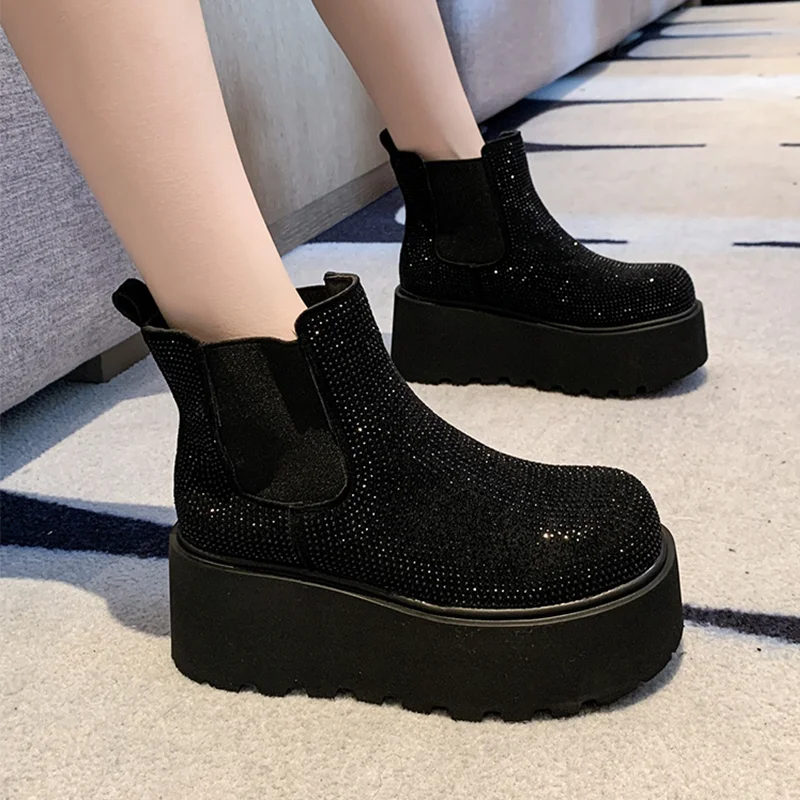 Quality Crystal Platform Ankle Boots Women's High Heels Luxury Shoes Winter Fad Elegant Chelsea Boots New Dress Cozy Mujer Botas view 2