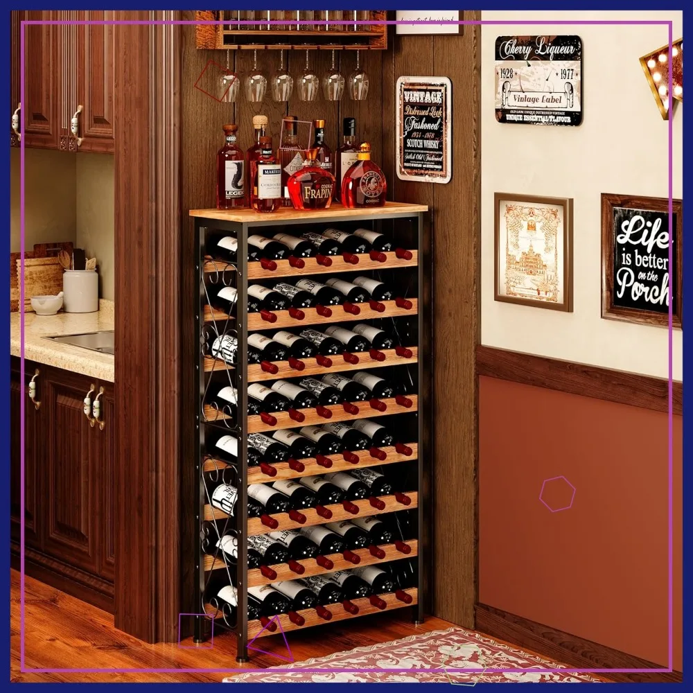 

8-Tier Freestanding Wine Rack with Wood Top, Holds 48 Bottles, Farmhouse Style Storage for Kitchen Bar