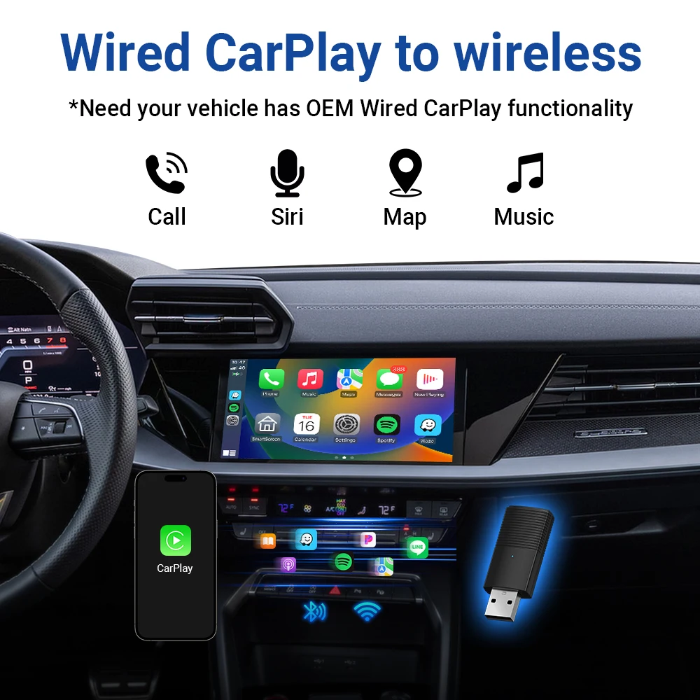 2024 Mini Adattatore CarPlay Wireless Car Play Dongle Bluetooth WiFi Collegamento rapido Plug and Play per Auto CarPlay cablata OEM Nuovo