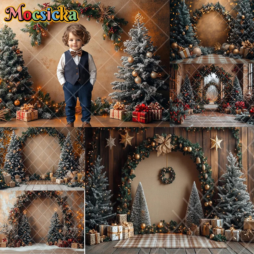 Mocsicka fotografia pano de fundo árvore de natal grinalda presente decoração do quarto família natal feriado retrato fundo para fotografia