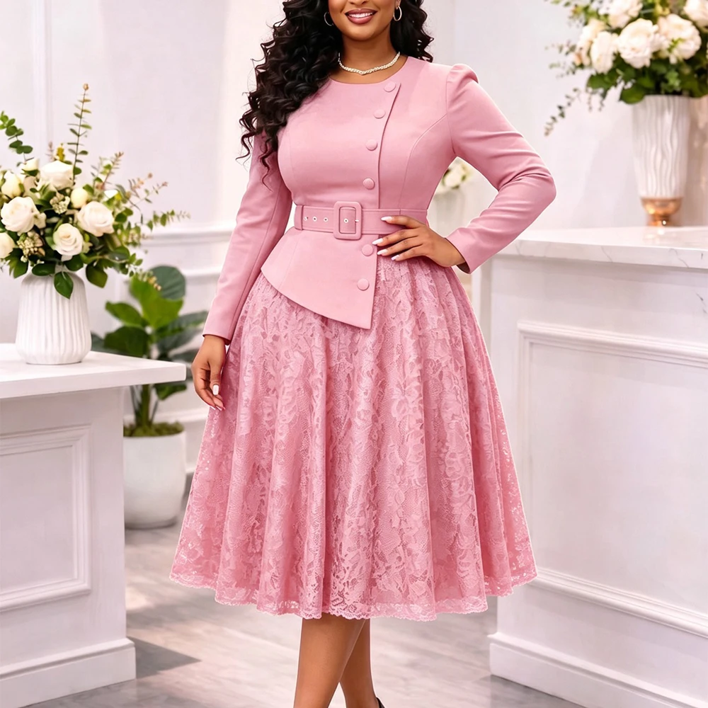 JENYAGE Damen Einfarbiges, schlichtes, langes Kleid mit Rundhalsausschnitt, Gürtel, Peplum-Spitzenrock, A-Linie, formelles Kleid für Hochzeitsgäste und Partys – Detail 3