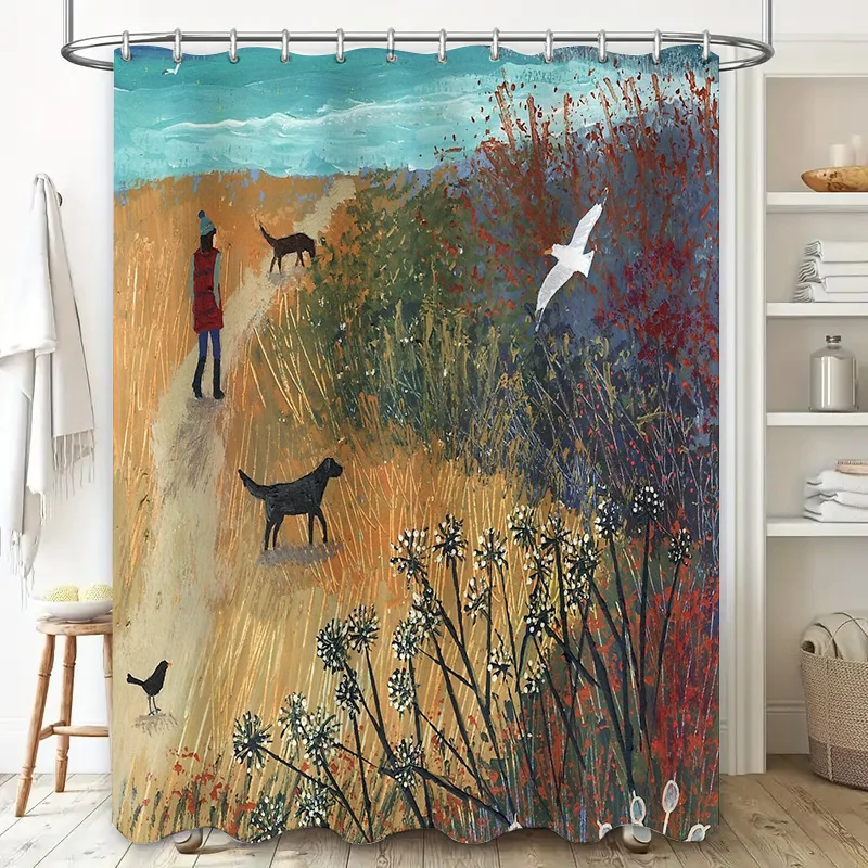 Nature Landscape Shower Curtain Botanical Forest Fern Trees Scenic Wall Hanging Decor Vintage Rustic Farmhouse Bathroom Art