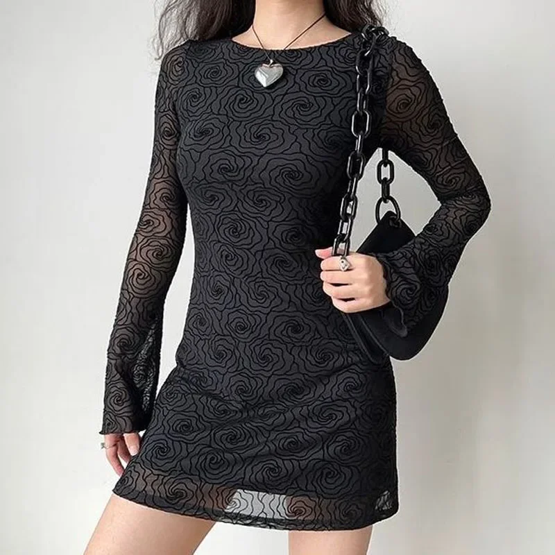 American Style Sexy Black Flower Line Round Neck Spring Long Sleeved Word a Dress Women Slim Lower Back Net Yarn Short Dress