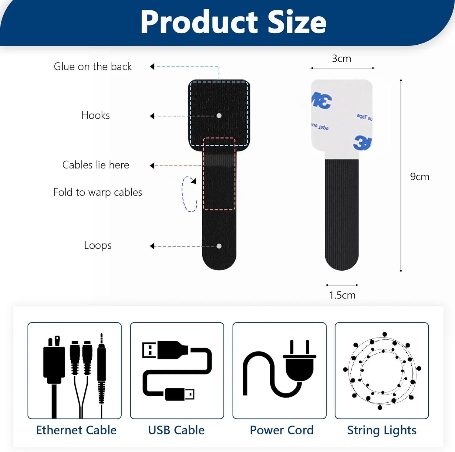 50 قطعة من ربطات الكابلات ذات الخطاف والحلقة، مشابك تنظيم الحبل ذاتية اللصق، إدارة أسلاك تحت المكتب للتلفزيون والكمبيوتر الشخصي والكمبيوتر المحمول، باللون الأسود