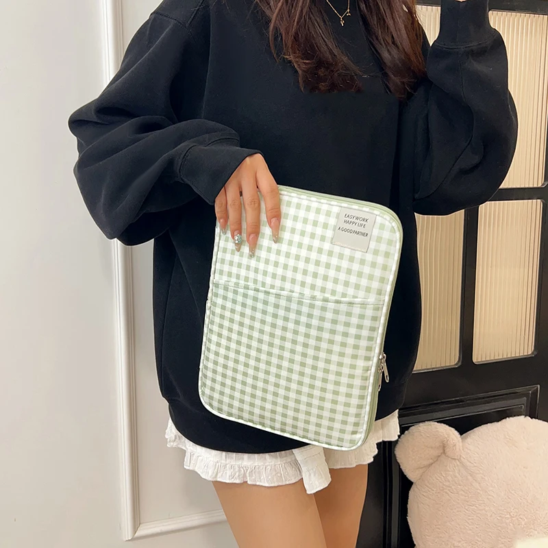 Plaid Nylon Laptop Sleeve 14 Inch Portable Tablet Inner Bag Notebook Computer Case Multi Pocket Organizer for Business Commute