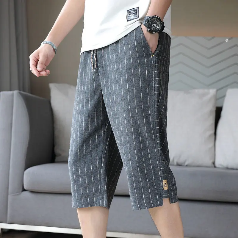 Summer New Trend Cotton Hemp Thin Straight Casual Capris Men Print Stripe Elastic Waist Drawstring Pocket Versatile Loose Shorts